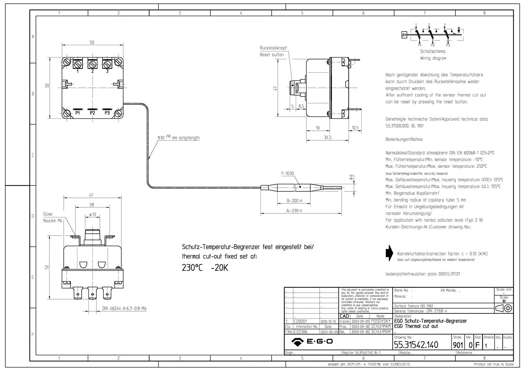 Termostato per friggitrice ego 55.31542.140 230ø EGO